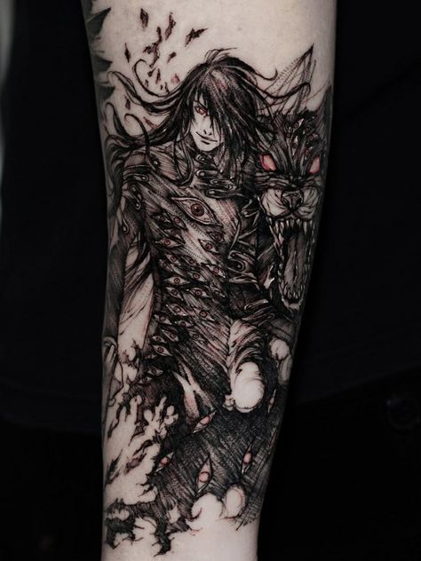 Hellsing Tattoo, Berserk Tattoos, American Traditional Tattoo Design, Anime Tattoo Designs, Vampire Tattoo, Alucard Hellsing, Hellsing Alucard, Goth Tattoo, Manga Tattoo