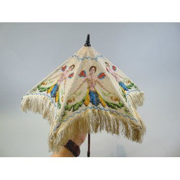 Parasol 1800-1829 beaded cover showing meraid or siren. V&A Regency Parasol, 1800s Accessories, History Notes, Regency Dress, Wood And Steel, Ring Shapes, Fashion Plates, White Silk, Doll Accessories