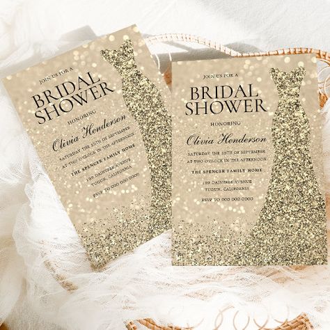 $4.55 | Gold Sparkle Dress Champagne Shimmer Bridal Shower #digital invitation, golden, glitter, sparkle, champagne, bridal shower, gold, dress, bridal, wedding Sparkle Bridal Shower Ideas, Gold Sparkle Dress, Gold Sparkle Dresses, Sparkle Birthday, Gold Glitter Wedding, Glitter Wedding Dress, 80th Birthday Invitations, Sparkle Party, 50th Birthday Invitations