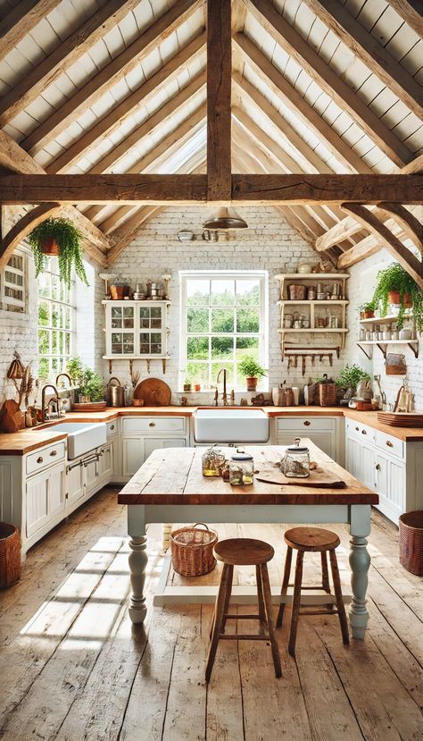 17+ Cozy Country Kitchen Decorating Ideas You’ll Fall in Love With! 🏡✨ Cozy Southern Kitchen, Cosy Country Kitchen, Country Kitchen Decorating Ideas, Country Kitchen Decorating, Copper Pans Hanging, Cozy Country Kitchen, Cream Colored Cabinets, Small Country Homes, Kitchen Bohemian