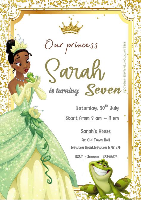 Princess Tiana Invitations, Princess Tiana Party, Princess Tiana Birthday Party, Tiana Birthday Party, Princess Sweet 16, Quinceanera Centerpieces, Frog Birthday, Princesa Tiana, Free Invitation Templates