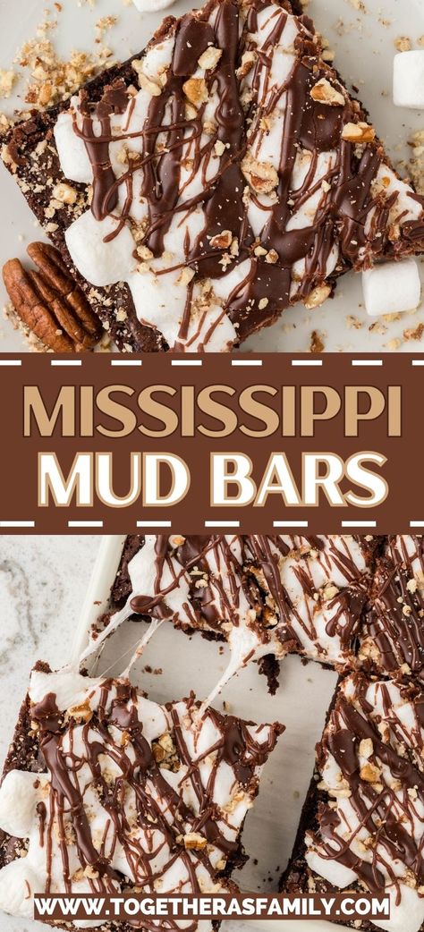 Easy Mississippi Mud Bars are insanely delicious with layers of chocolate brownie + gooey marshmallows + pecans + chocolate fudge drizzle. Simple to make with a boxed brownie mix - everyone is sure to fall in love with this Mississippi Mud dessert. Mississippi Mud Pie Brownies, Brownie Mix Ideas, Mud Dessert, Sheet Desserts, Bars With Marshmallows, Brownie Mix Desserts, Mississippi Mud Bars, Mud Bars, Mississippi Mud Brownies