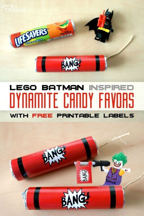 These Dynamite Party Favors come with a free printable so you can easily create these at home for your next Lego Batman, Minecraft of other party theme! Super Villain Party, Joker Party Ideas, Super Hero Party Favor, Batman Birthday Party Decorations, Lego Superhero Party, Batman Minecraft, Batman Party Ideas, Joker Party, Batman Party Favors