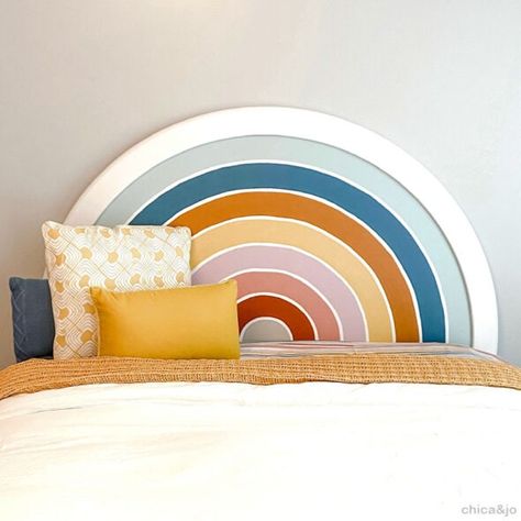 Retro Rainbow Painted Headboard Perfect for a Boho Aesthetic Painted Headboard, Rainbow Paint, Wooden Rainbow, Boho Aesthetic, Retro Rainbow, Rainbow, Paint