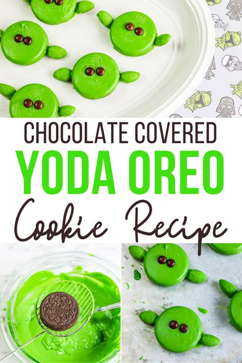 A fun Star Wars themed treat!  Try making these Yoda inspired OREO Cookies as a delicious snack or a festive addition to a Star Wars Themed Birthday Party.   #YodaCookieRecipe YodaOREOS #NoBakeCookies #Cookies Starwars Snack Ideas, Yoda Bday Party, Star Wars Theme Desserts, Yoda Party Games, Star Wars Sweets, Star Wars Brownies, Star Wars Themed Treats, Starwars Party Food Ideas, May 4th Be With You Food