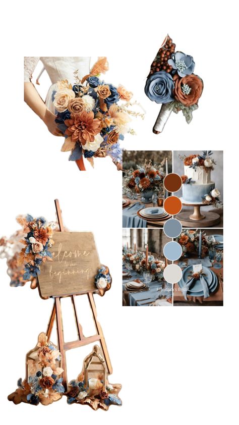 Royal Blue And Copper Wedding, Burnt Orange Light Blue Wedding, Terracotta And Dusty Blue Wedding, Blue And Copper Wedding, Blue Fall Wedding, Light Blue Wedding, Copper Wedding, Fall Wedding Flowers, Wedding Fall