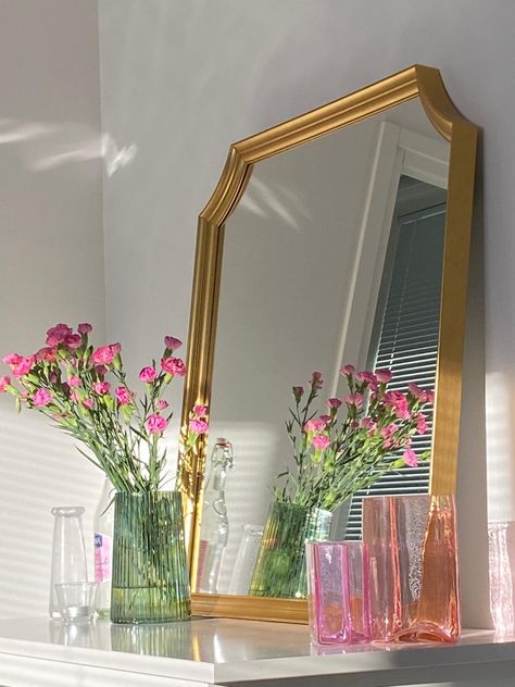 Gold Mirror Bedroom Aesthetic, Aesthetic Gold Mirror, Ikea Gold Mirror, Neutrals And Pink Bedroom, Golden Mirror Bathroom, Gold Mirror Bedroom Decor, Mirror On Desk Bedrooms, Gold And Neutral Bedroom, Ikea Mirror Aesthetic