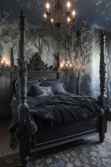 Gothic Victorian Bedroom Aesthetic, Skull Bedroom Decor Ideas, Gothic Canopy Bed Goth Bedroom, Gothic Victorian Bedroom, Gothic Bedroom Furniture Bed Frames, Romantic Goth Bedroom, Victorian Bedroom Aesthetic, Gothic Bedroom Furniture, Goth 4 Poster Bed