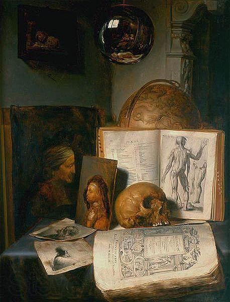 simon luttichuys -  Vanitas still life with skull, books, prints and paintings by Rembrandt and Jan Lievens. Gerrit Dou, Vanitas Paintings, Dutch Still Life, Still Life Artists, Baroque Art, A Skull, Painting Still Life, Old Paintings, Still Life Art