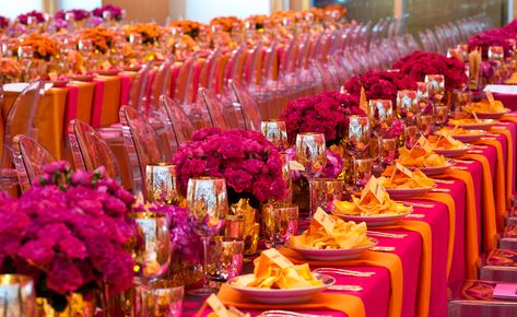 Fuschia Wedding Decorations, Sangeet Ideas, Yellow Wedding Decorations, Fuschia Wedding, Orange And Pink Wedding, Yellow Wedding Theme, Art Gallery Of Ontario, Centerpieces Floral, Wedding Colors Purple