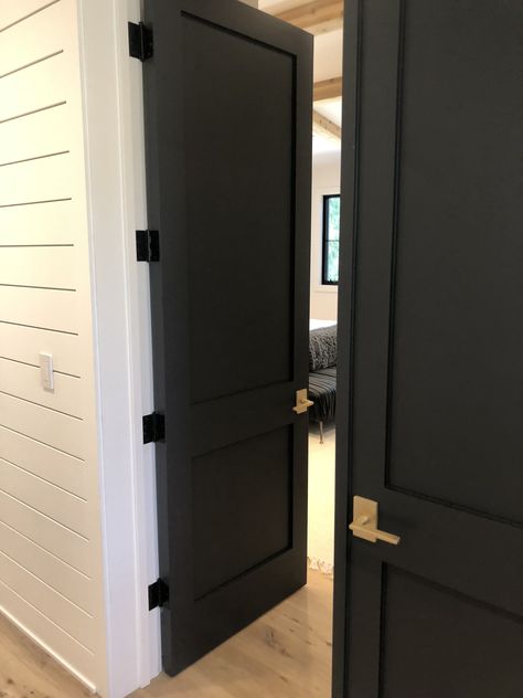 3 Panel Black Interior Doors, Black Interior Doors With White Trim Gold Hardware, Black Interior Doors 5 Panel, 3 Panel Galzed Interior Black Door, Flat Interior Doors Painted Black, Painting Interior Doors Black, Door Makeover Diy, Black Interior Doors, Basement Inspiration