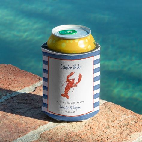 Watercolor Lobster Bake Engagement party Can Cooler - tap, personalize, buy right now! #CanCooler #engagement #party, #lobster #boil #wedding Summer Seafood Dinner, Seafood Dinner Party, Crab Feast, Lobster Bake, Lobster Dinner, Seafood Dinner, Coastal Wedding, Beverage Cooler, Couple Shower