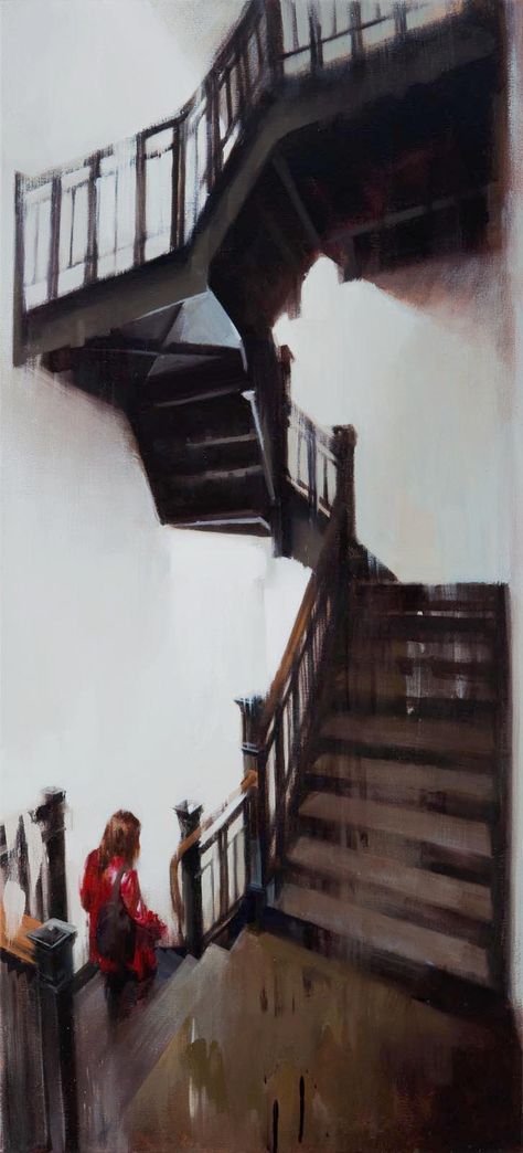 Descending a staircase, 48" X 22", oil on canvas Kim Cogan, Industrial Paintings, A Level Art Sketchbook, Moody Art, Interior Paintings, Paintings I Love, A Level Art, Cool Paintings, Interior Art