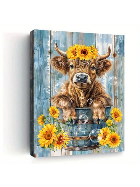 1pc Finished Framed, Canvas Poster, Rustic Sunflower Flower Highland Cow Painting, Canvas Wall Art, Artwork Wall Art, Can Be Used As A Gift, Bedroom, Office, Living Room, Cafe, Bar, Wall Decoration, Home And Dorm Decoration Multicolor    Canvas Animal,Plants    Home Decor, size features are:Bust: ,Length: ,Sleeve Length: Highland Cow Painting, Highland Cow Canvas, Sunflower Wall Art, Cow Canvas, Modern Art Decor, Cow Painting, Hanging Paintings, Cow Art, Oil Painting Abstract