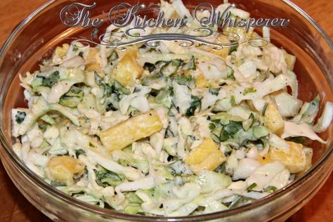 Creamy Cilantro Lime Pineapple Coleslaw | The Kitchen Whisperer, LLC Carnitas Crock Pot, Crock Pot Dishes, Latino Dishes, Low Fat Salads, Pineapple Slaw, Pineapple Coleslaw, Wholly Guacamole, Cilantro Lime Slaw, Cilantro Dressing