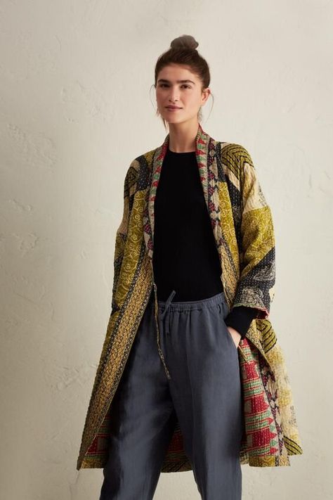 Cardigan Coat Pattern, Anna Murphy, Kantha Coat, Eclectic Clothes, Kantha Kimono, Quilted Coats, Quilted Clothing, Boho Coat, Tenun Ikat