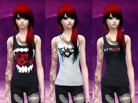 MaruChanBe's My Chemical Romance tops Sims 4 Cc My Chemical Romance, Sims 4 Emo Room Cc, Rock Outfits For Women 80s, Scene Shirts, Zebra Print Clothes, Emo Skirt, Sims 4 Cc Goth, Cc Clothes, Emo Girl