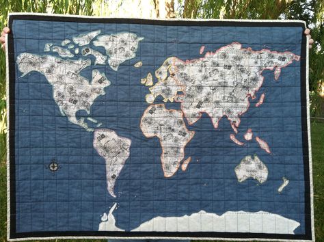 World Map Quilt Pattern, World Map Quilt, Map Quilt Pattern, Quilted Christmas Gifts, Map Quilt, 3d Quilts, Half Square Triangle Quilts, Quilt Care, Map Travel