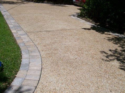 Exposed Aggregate Driveway With Paver Borders                              … Aggregate Patio, Exposed Aggregate Driveway, Aggregate Driveway, Driveway Edging, Paver Steps, Exposed Aggregate Concrete, Resin Driveway, Driveway Ideas, Gravel Landscaping