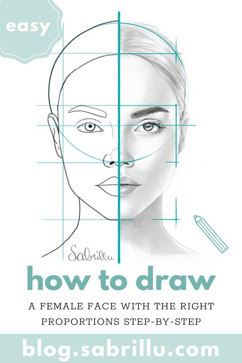 Face drawing with construction lines, perfect proportions, easy tutorial Human Face Drawing, Beginner Drawing Lessons, Facial Proportions, Face Proportions, Female Face Drawing, Portrait Tutorial, Drawing Tutorial Face, Portraiture Drawing, Face Illustration