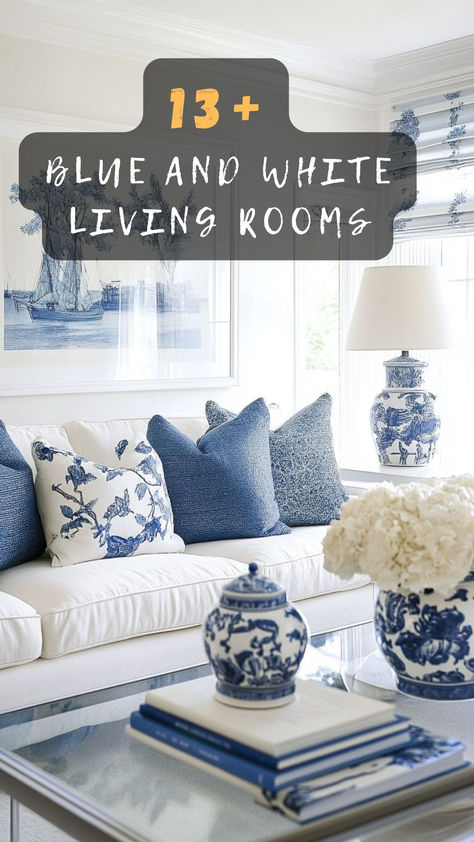 Curious how to style a blue and white living room? Click to see 13 stunning designs that make your space serene and stylish. 🏡💙 #LivingRoomDecor #BlueAndWhite #HomeStyle #InteriorDesign #DecorIdeas Blue And White Interior Design, Navy And White Living Room, White Living Room Designs, Blue And Cream Living Room, Blue Living Room Color, White Family Rooms, White Living Room Ideas, Blue Furniture Living Room, Light Blue Living Room