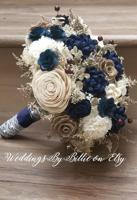 Navy Blue And Champagne Bouquet, Bridget Wedding, Wood Flowers Wedding, Navy Blue Wedding Theme, Dance Flowers, Champagne Wedding Colors, Eco Flowers, Flowers Wedding Bouquet, Gold Bouquet