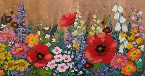 Flower Garden Acrylic Painting Tutorial by Angela Anderson on YouTube #FredrixCanvas #flowers #poppy Painting Wildflowers Acrylic, Flower Garden Painting Easy, Wild Flower Painting Acrylic Tutorial, Beehive Painting, Flower Garden Canvas Painting, Flower Meadow Painting Acrylic, Flowers Poppy, Angela Anderson, Simple Oil Painting