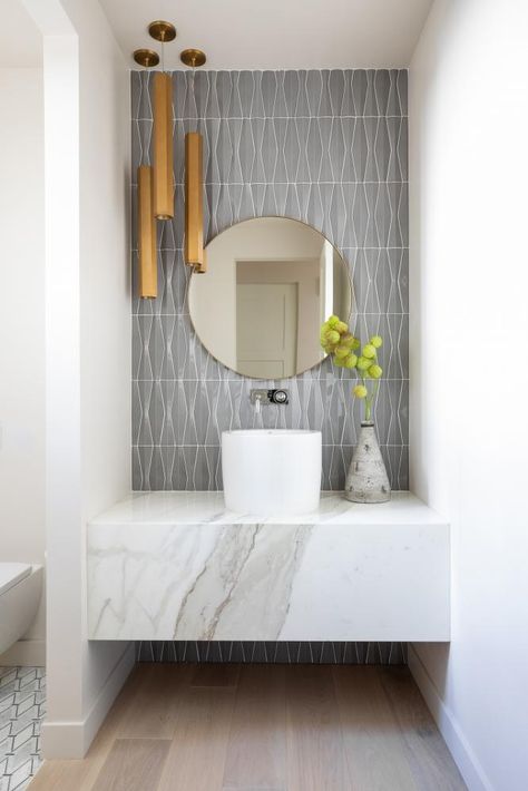 Powder Room Tiles Ideas, Guest Bathroom Half Baths, Powder Room Accent Wallpaper, Accent Wall Bathroom Vanity, Powder Room With Tile Accent Wall, Subway Tile Powder Room, Powder Room Tile Wall, Powder Room Wallpaper Accent Wall, Powder Room Accent Wall Ideas