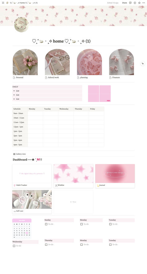 Pink aesthetic coquette homepage notion template. Self care, lifestyle, organization, etc. Widgets included: digital clock, google calendar embed, customizable college/class/weekly schedule, daily and weekly planners/to-do lists. Pink aesthetic. Class schedule, gallery view so you can personalize different pages! Coquette Class Schedule, Aesthetic Schedule Template, Weekly Schedule Template Aesthetic, Class Schedule Template Aesthetic, Calendar Template Aesthetic, Weekly Schedule Template, Class Schedule Template, Simple Weekly Planner, Daily Schedule Template