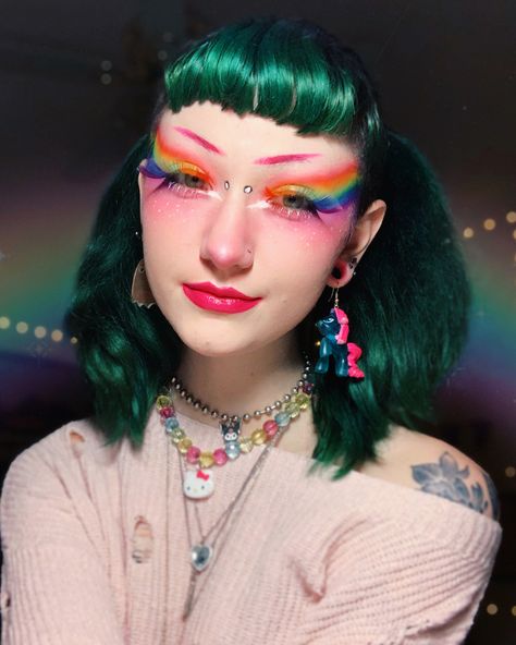 Rainbow Looks Makeup, 70s Rainbow Fashion, Pastel Goth Eyeshadow, Lady Rainicorn Cosplay, Alt Pride Makeup, Rainbow Goth Makeup, Goth Pride Makeup, Rainbow Face Makeup, Rainbow Makeup Looks Pride