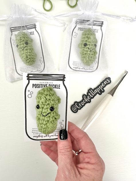 Free Crochet Pattern - Positive Pickle - Crochet Happens Cheer Up Someone, Crochet Pickle, Mini Pickles, Emotional Support Pickle, Lunch Box Backpack, Box Backpack, Gifting Ideas, Ornament Hooks, Thread Crochet