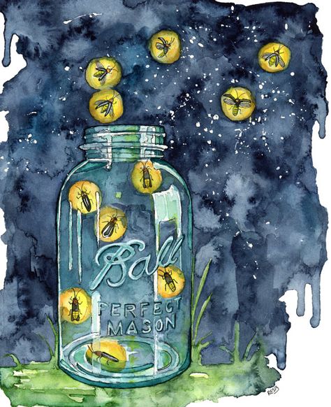 Watercolor Firefly Jar Print  Painting by TheColorfulCatStudio Hydro Painting, Lightening Bugs, Firefly Jar, Firefly Painting, Jar Painting, Fireflies In A Jar, Firefly Art, Whale Painting, Lightning Bug