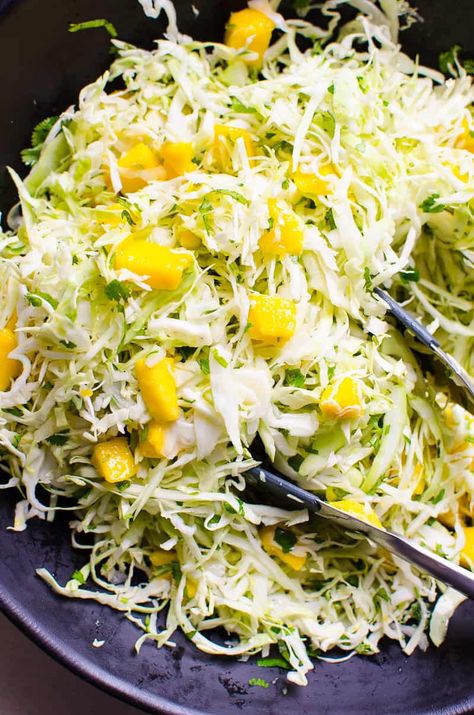 5 Ingredient Mango Slaw {No Oil Healthy Recipe} - iFOODreal.com Mango Slaw Recipes, Healthy Salmon Burgers, Salmon Burger Recipe, Mango Slaw, Healthy Salmon, Slaw Recipes, Mango Recipes, Mango Salad, Cabbage Slaw