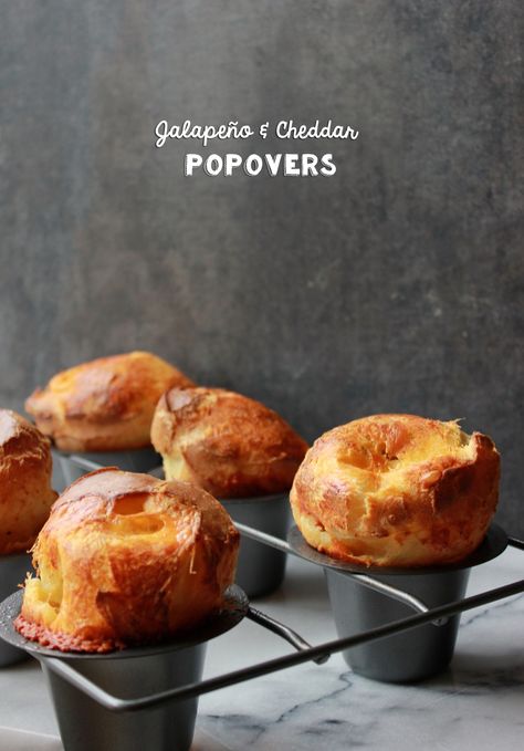 Jalapeño and Cheddar Popovers – BeWhatWeLove Cheddar Popovers, Popover Pan, Popover Recipe, Irish Cheddar, Yorkshire Pudding Recipes, Fresh Baked Bread, Homemade Buttermilk Biscuits, Savory Scones, Jalapeno Cheddar