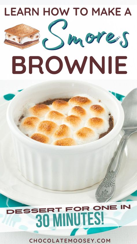 Learn How to Make a Smores Brownie! This simple dessert for one is ready to eat in just 30 minutes. Rich semisweet chocolate, gooey marshmallows, and a hint of vanilla create a decadent dessert experience. Perfectly baked in an individual ramekin for a personal touch, each bite combines fudgy goodness with a campfire favorite. Ramekin Dessert For One, Easy Ramekin Dessert, Ramican Deserts, Ramekin Brownie, Brownie For One, Ramekin Recipes, Ramekin Dessert, Dessert For One, Single Serve Brownie