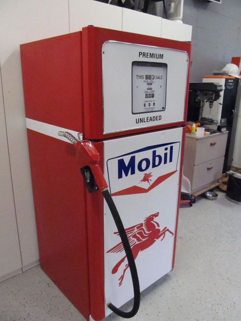 Man Cave Fridge, Man Cave Refrigerator Ideas, Man Cave Beer Fridge, Garage Fridge, Shop Fridge, Refrigerator Wraps, Vintage Refrigerator, Vintage Gas Pumps, Ultimate Man Cave