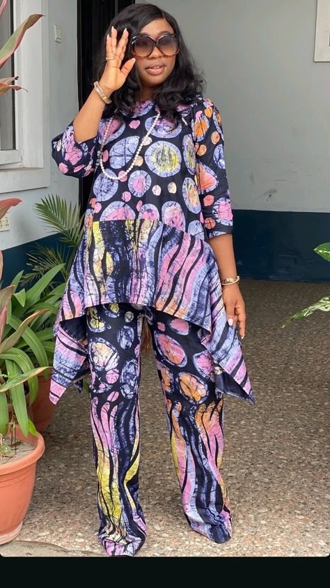 Adire kaftan  African fashion ✨️ Kampala Two Piece Style, Adire Two Pieces For Women, Ankara 2 Piece Set Pants, Palazzo Trouser And Top, Ankara Agbada Styles For Women, Agbada Styles For Women, Adire Kaftan Styles, Ankara And Lace, Ankara Blouse