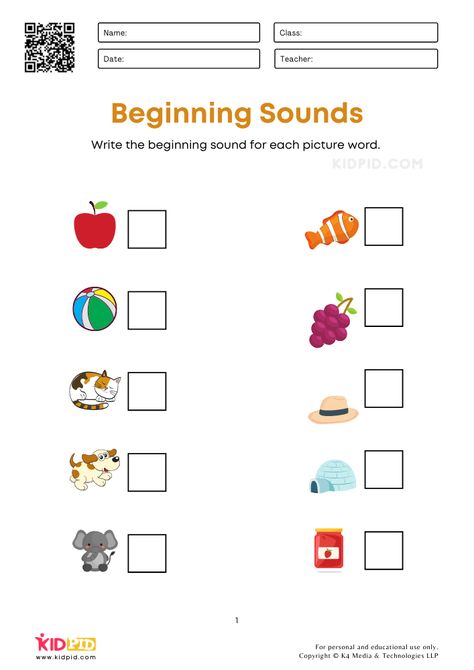 Phonics Worksheets Kindergarten Beginning Sounds, Write The Beginning Sound Worksheet, Kg Worksheets For Kids English, Begging Sounds Worksheet, Jrkg Worksheet English, Kidpid Worksheets, English Worksheets For Nursery Kids, English Nursery Worksheets, Beggining Sound Worksheet