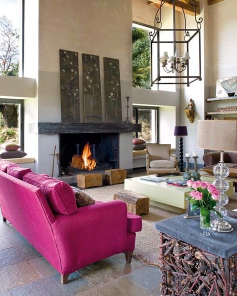 country-house-with-modern-design A Living Room, A Fire, Leather Sofa, Hot Pink, Sofa, Living Room, Leather, Pink, Furniture