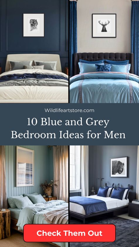 10 Blue Gray Bedroom Ideas: Him and Hers Gray Bedroom Ideas For Couples, Bedroom Color Ideas For Couples, Blue Gray Bedroom Ideas, Grey Color Schemes, Blue And Grey Bedroom Ideas, Grey Bedroom Ideas For Men, Blue And Grey Bedroom, Man's Bedroom, Men Wall Art