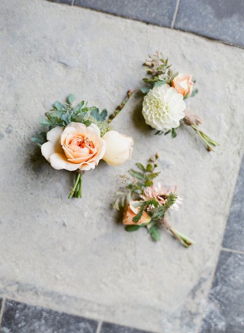 September Wedding — The Garden Gate Flower Company September Wedding Boutonniere, Wedding Bouquet And Boutonniere, Garden Wedding Boutonniere, Peach Boutonniere Wedding, Pastel Boutonniere, Button Hole Flowers, Wedding Button Holes, Peach Boutonniere, Mother Of The Bride Corsage