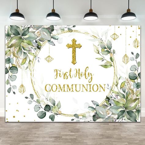 Amazon.com : Wollmix 1st First Communion Baptism Decorations Backdrop 7x5ft God Bless Holy Communion Banner Christening Gold Dots Green Leaves Photography Background Baby Shower Banner Photo Booth Props : Electronics Bohemian Photo Backdrop, Tea Party Bridal Shower Decorations, Baby Shower Banner Girl, Communion Decorations, Bridal Shower Decorations Diy, Bridal Shower Backdrop, Bridal Shower Banner, Baptism Decorations, Personalized Wall Decor