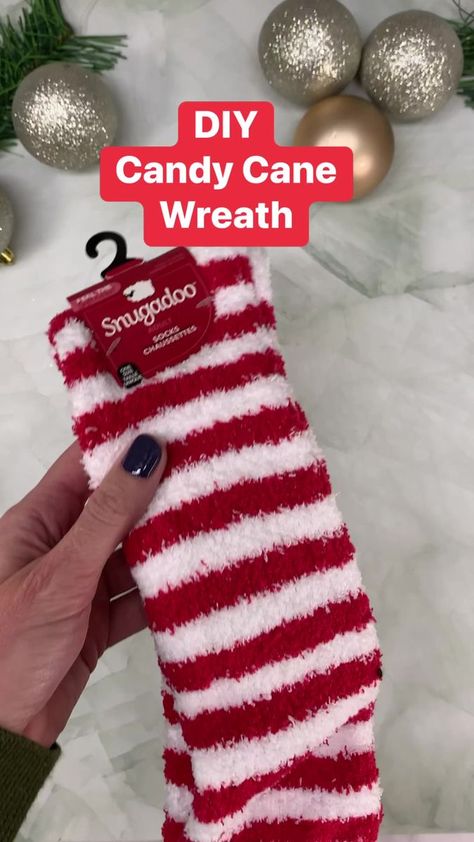 1.4M views · 24K reactions | Dollar Tree candy cane wreath with socks! What do you think of this idea??? #christmasdecorations #christmascrafts #dollartreecrafts #dollartreediy | Average But Inspired | Average But Inspired · Original audio Upside Down Candy Cane Wreath, Candy Cane Wire Form Ideas, Candy Cane Wreath Diy Dollar Stores, Diy Candy Cane Shirt, Dollar Tree Candy Cane Wreath Form, Dollar Tree Candy Cane Wreath Diy, Diy Candy Cane Decorations, Diy Candy Cane Ornaments, Dollar Tree Candy Cane Wreath