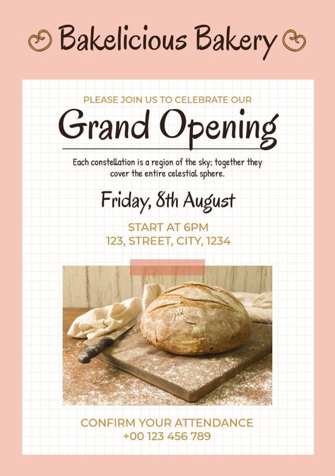 Cute Bakelicious Bakery Opening Invitation Bakery Opening, Opening Invitation, Pink Palette, The Editor, Grand Opening, Free Graphic Design, Invitation Cards, Invitation Template, Card Making