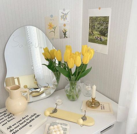 Yellow Room Decor, Yellow Aesthetic Pastel, Study Desk Decor, Yellow Theme, Yellow Room, Pastel Room, Minimalist Room, Yellow Aesthetic, Room Makeover Inspiration