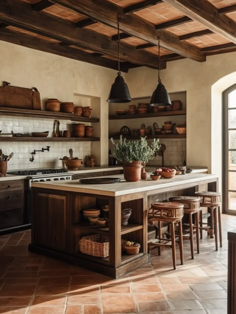 u1942658271_An_open-plan_Tuscan_Mediterranean_kitchen_with_a__13466fe9-dd45-44c9-8225-9c929d366991_3 Tuscan Pantry, Old Tuscan Kitchen, 2000s Tuscan Kitchen, Tuscany Architecture Tuscan Style, Tuscan Style Kitchen, Tuscan House 2000s, Terracotta Flooring, Terracotta Roof Tiles, Cozy Interiors