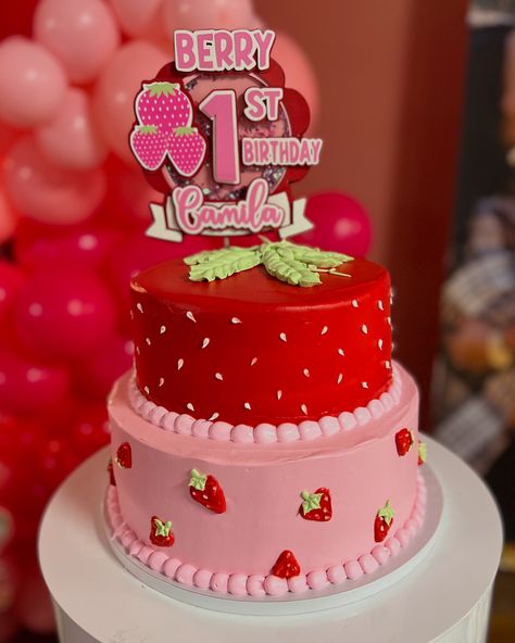 Camila's Berry First Birthday 🍓✨ Topper by @kjdesignz_ . . . #berryfirstbirthday #berrythemedcake #strawberryshortcakecake #strawberrythemedparty #dippedtreats🍫 #clintonnc🍰🍓 #cakesofinstagram🎂🍰 #explorepage✨ Berry First Birthday Strawberry Shortcake, Strawberry Cake For 1st Birthday, Strawberry First Birthday Theme Food, Strawberry First Birthday Theme Decor, Strawberry First Birthday Party, Berry Sweet One First Birthday, Strawberry 1st Birthday Party Theme, Strawberry Shortcake 1st Birthday Party, Strawberry Shortcake Theme Party