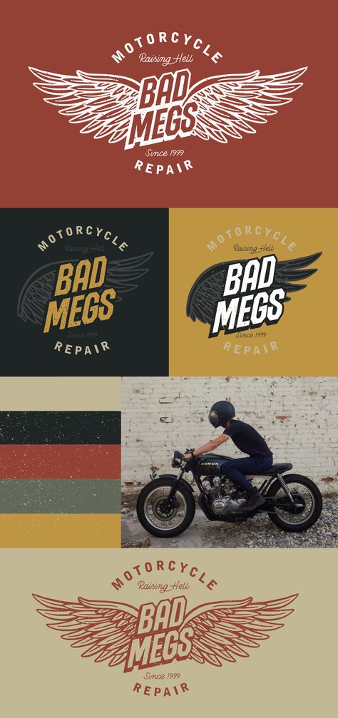 Bad meg Motorcycle Repair Hand Lettered Logo Design by Type Affiliated for Bad Meg's Motorcycle, a fictional motorcycle repair shop. Masculine branding vintage inspired logo. #handlettering #lettering #letteringdesign #masculinebranding #motorcyclebranding #motorcyclelettering Motorcycle Brand Logo, Motorcycle Logo Design Ideas, Motorcycle Branding, Type Affiliated, Motorcycle Repair Shop, Masculine Branding, Hand Lettered Logo, Biker Logo Design, Motorcycles Logo Design