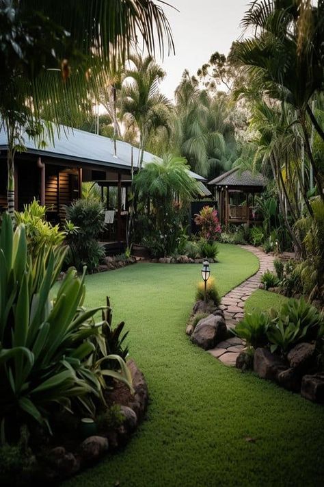 Tropical Landscape Design Ideas for Your Garden Backyard Hidden Garden, Tropical Backyard Landscaping, Tropical Landscape Design, Tropical Garden Design, Tropical Backyard, Desain Lanskap, Seni Dan Kraf, 카페 인테리어 디자인, التصميم الخارجي للمنزل