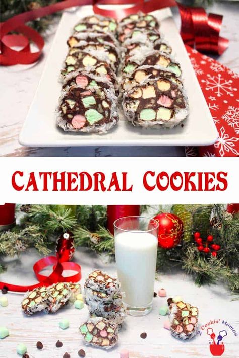 Easy No-Bake Cathedral Cookies - 2 Cookin Mamas Window Cookies, Cathedral Window, Christmas Cookie Exchange, Cookie Tins, Christmas Cooking, Cookies Recipe, Holiday Baking, Candy Recipes, Holiday Treats